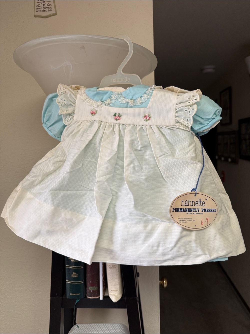 Nannette Light Blue Baby Dress with White Pinafore and Pink Rose Embroidery